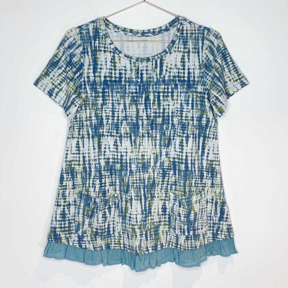 LOGO Lounge By Lori Goldstein‎ Print Top Ruffle Hem Blue Short Sleeve Size Small